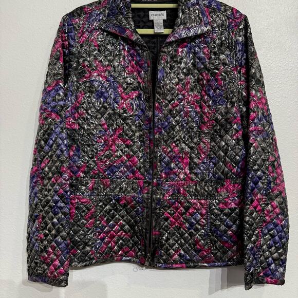 Chico's Metallic Shimmer Floral Paisley Quilted Full Zip Jacket Sz 2/L - Picture 4 of 14